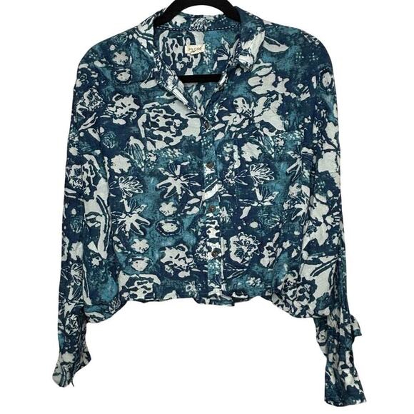 Pilcro Batik Cropped Ruffle Blue & White Loose Fit Batwing Blouse Top Size Small - Picture 3 of 11